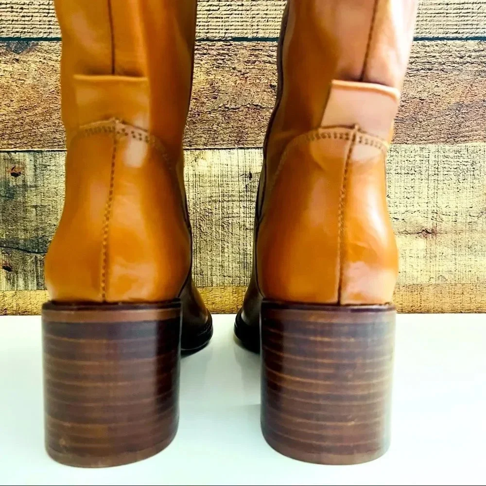 NWOT Zara Cognac Leather Block Heel Knee High Boots